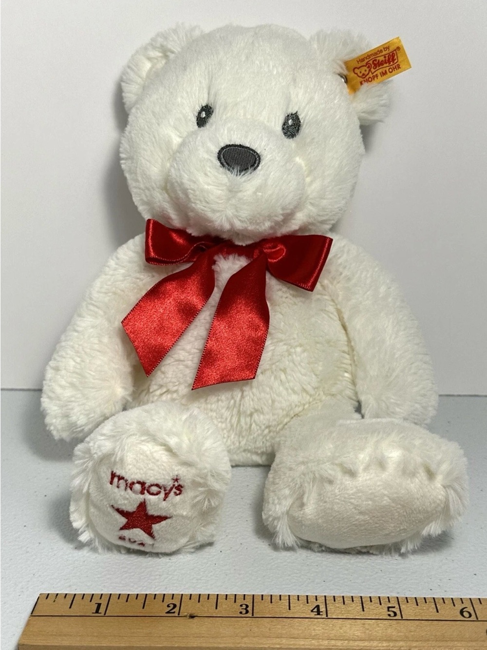 Steiff White Plush Bear Red Bow - Macy's Edition Knopf I’m Ohr 11 Inch 2021